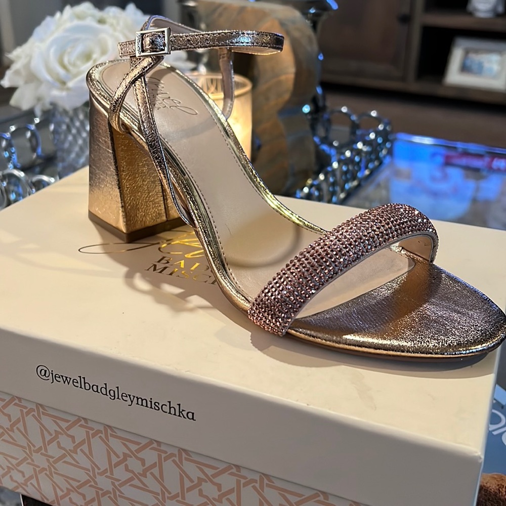 Women's Earlene Block Heel Evening Sandal in Rose Gold, size 9 reg.